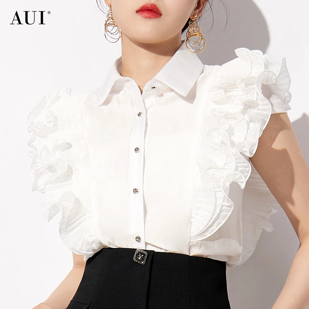 【老板娘夏天】AUI白色法式无袖衬衫荷叶边衬衣上衣-24W014238