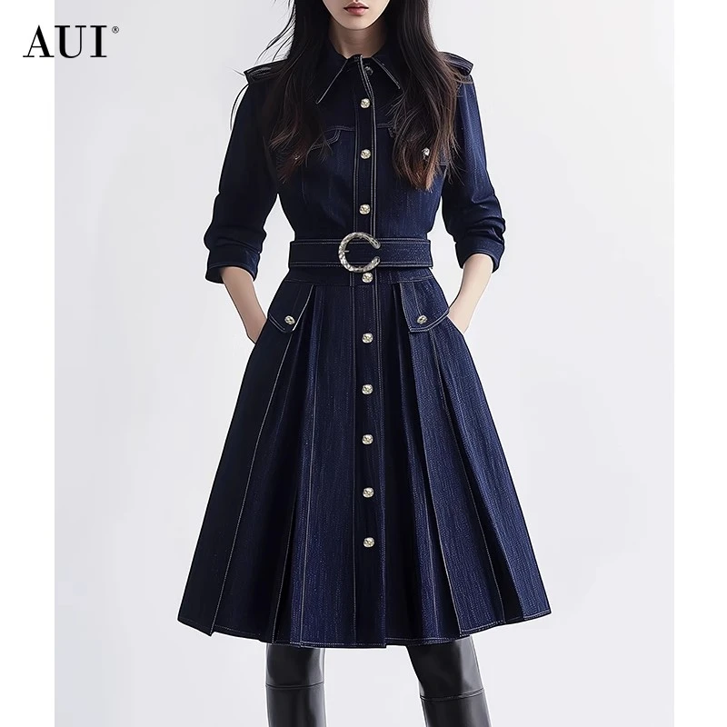 【沐公子】AUI藏青色御姐气质仿牛仔连衣裙女高腰A字裙-24W015356