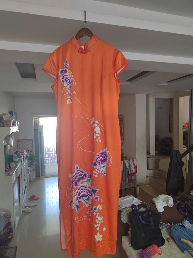 真丝送考旗袍印花橙色（马到成功）带衬不透