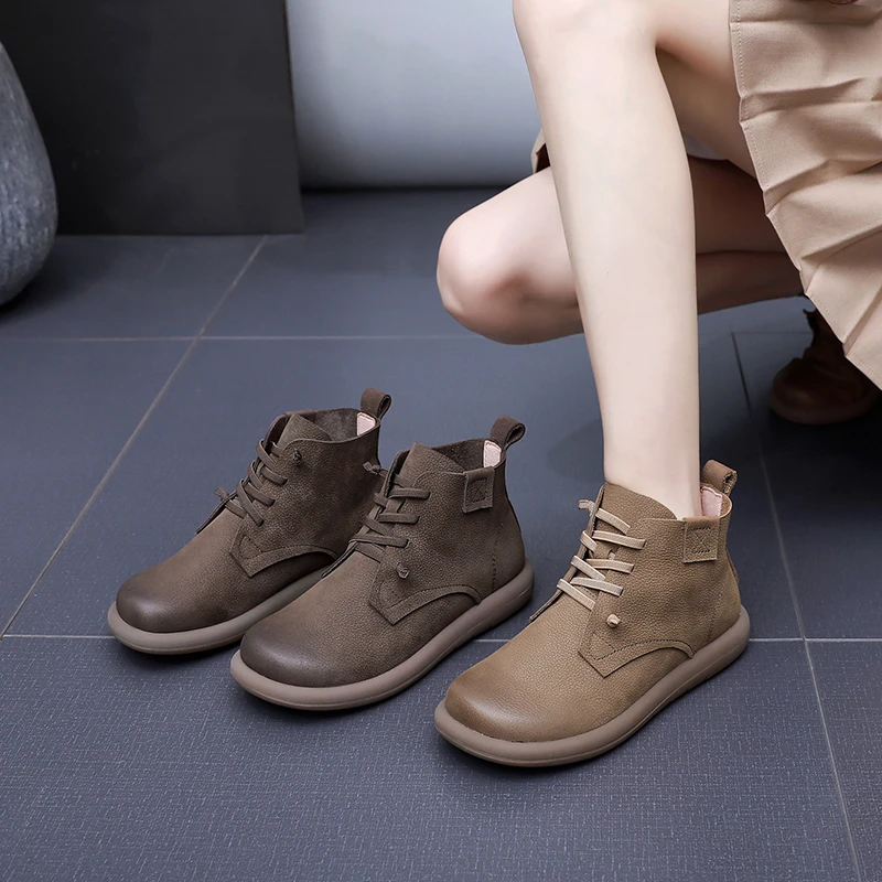 秋冬真皮复古短筒女靴平底圆头百搭女鞋软底单靴厚底雪地靴毛毛靴