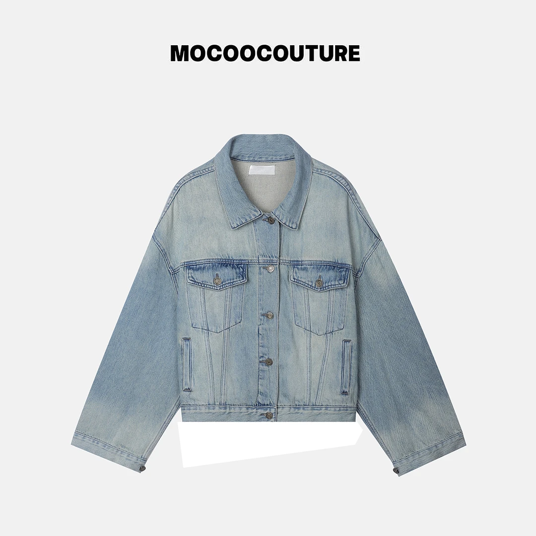 廓形时髦 复古蓝 水洗做旧牛仔外套  25010
