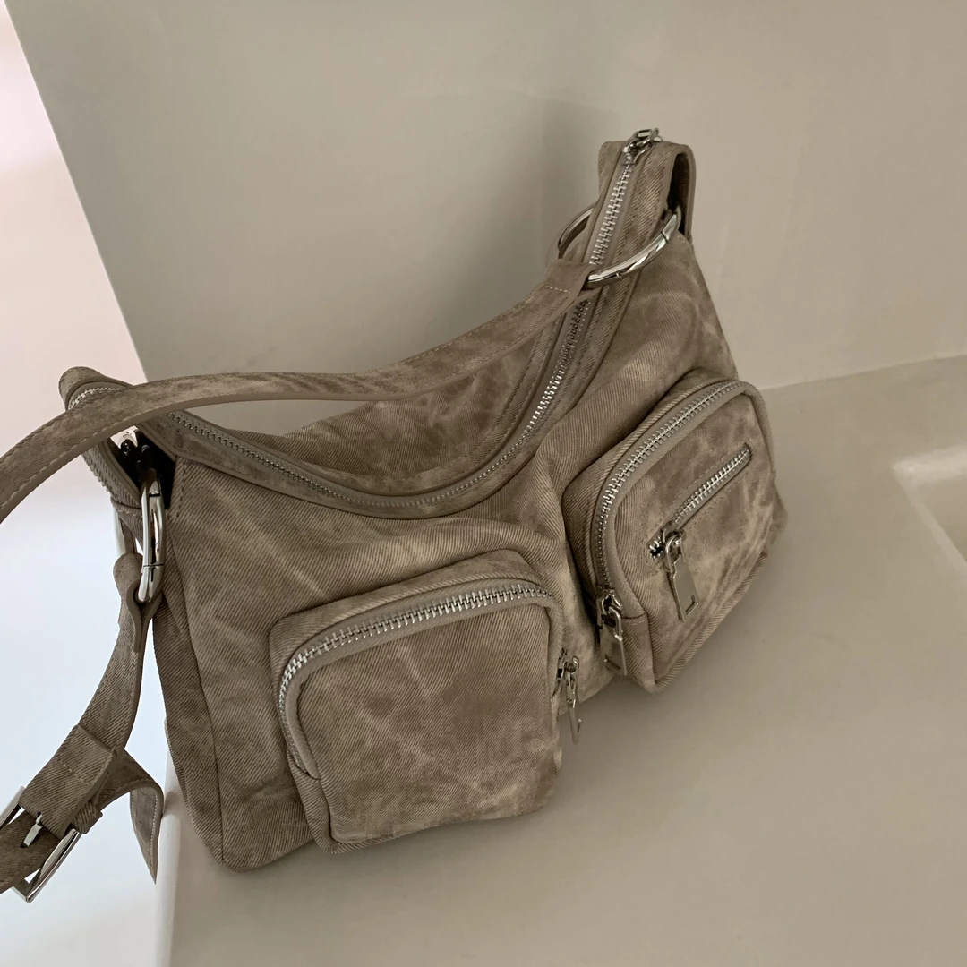 NNO小众女包 双口袋包包百搭复古机车手提单肩斜挎包1771