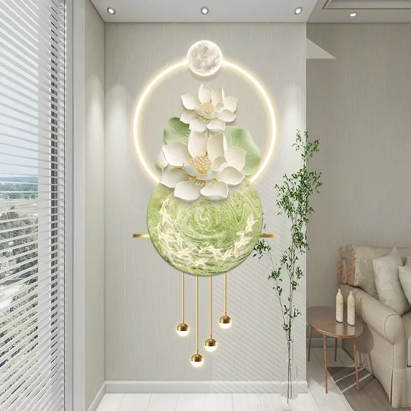 九鱼图入户玄关装饰画现代轻奢走廊过道挂画led带灯发光荷花壁画