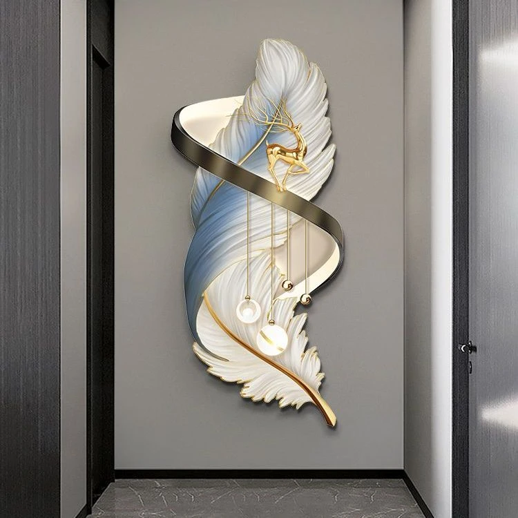 2024新款羽毛玄关装饰画网红入户走廊挂画led灯光画过道墙上壁画