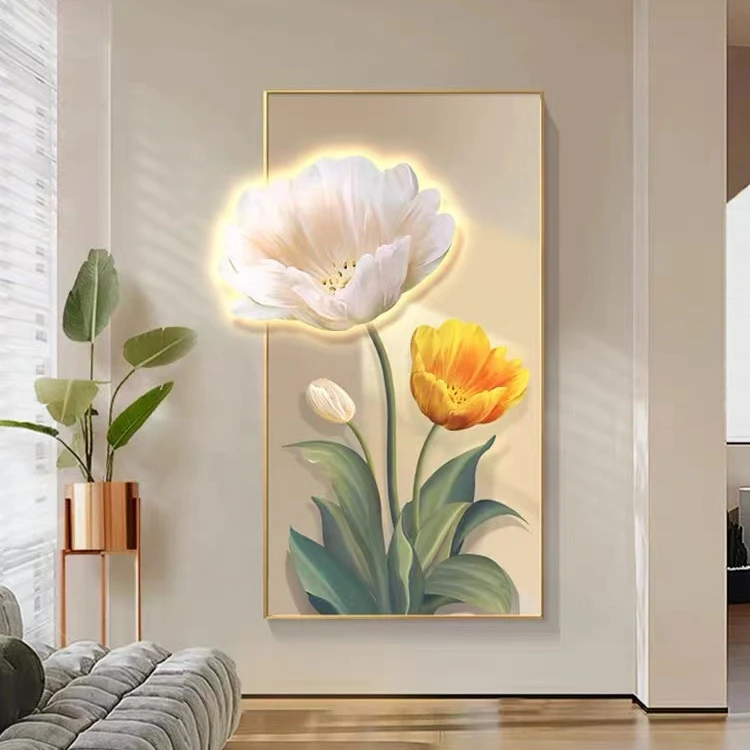 玄关装饰画竖版花卉led氛围灯画客厅入户门走廊过道挂画发光壁画