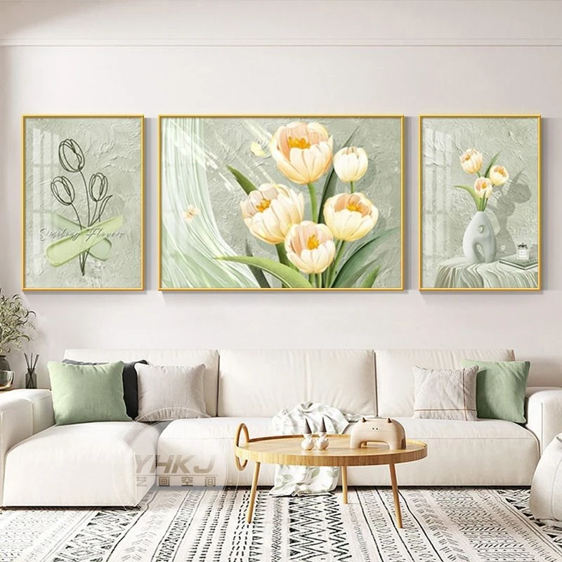 北欧郁金香客厅装饰画奶油风沙发背景墙挂画高级肌理感壁画三联画
