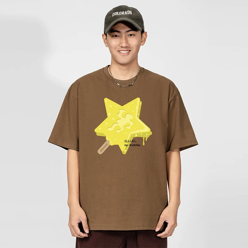 上衣男士男装百搭宽松印花圆领街头潮流情侣星星纯棉短袖时尚