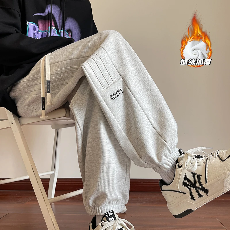 贴标条纹重磅运动卫裤男士潮牌束脚冬季加绒加厚阔腿休闲裤子大码