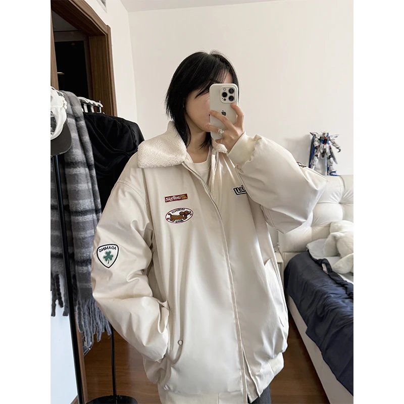 美式贴标羊羔绒毛领保暖棉衣男秋季潮牌复古青少年飞行服棉服外套