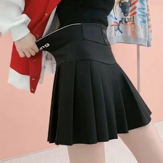 黑色百褶裙秋冬半身裙2023新款设计感字母收腹弹力高腰半身a字裙