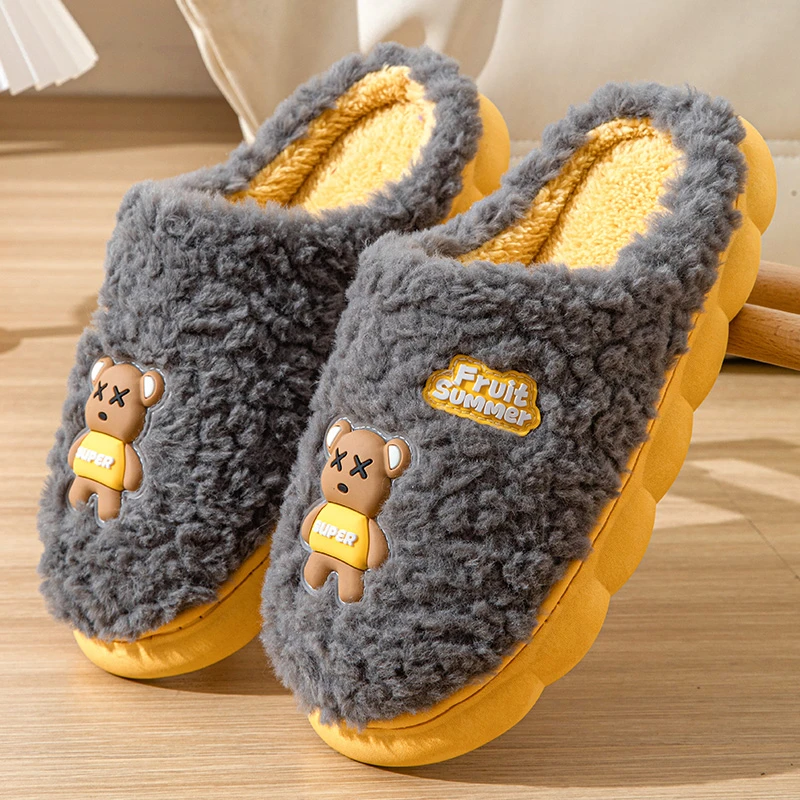 棉拖鞋男士冬季大码2025新款室内防滑保暖情侣可爱小熊毛绒拖鞋男