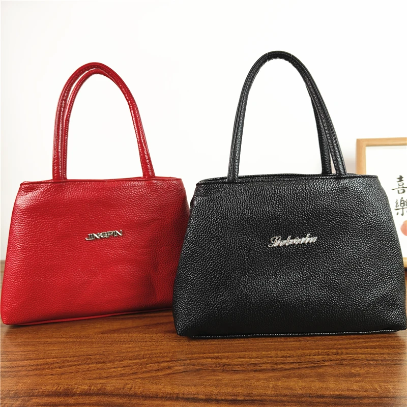 时尚简约妈妈包荔枝纹软皮手拎包双拉链零钱买菜包中老年包手提包