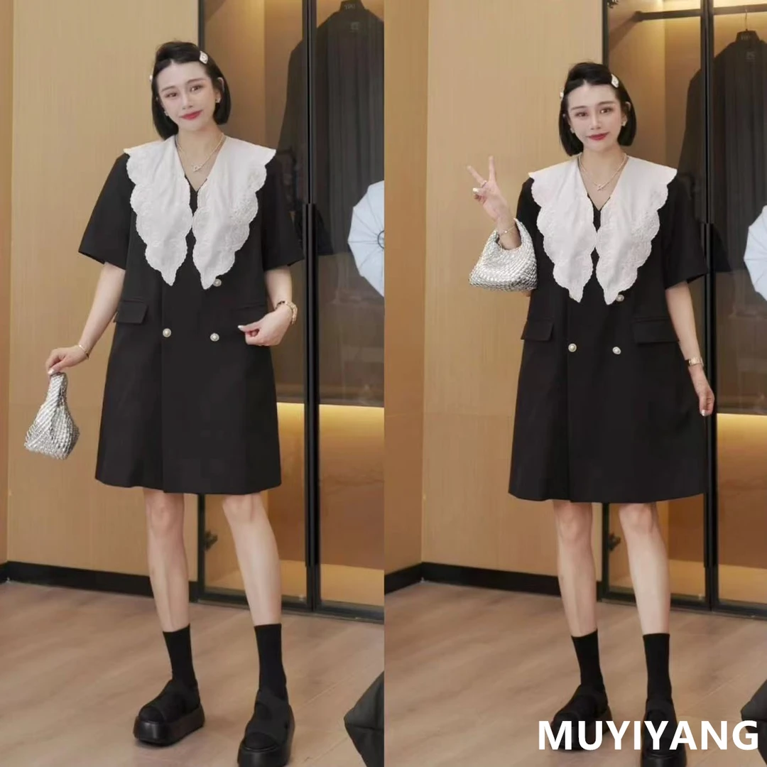 【名媛】撞色大翻领衬衫宽松连衣裙 衣长90 24-294#