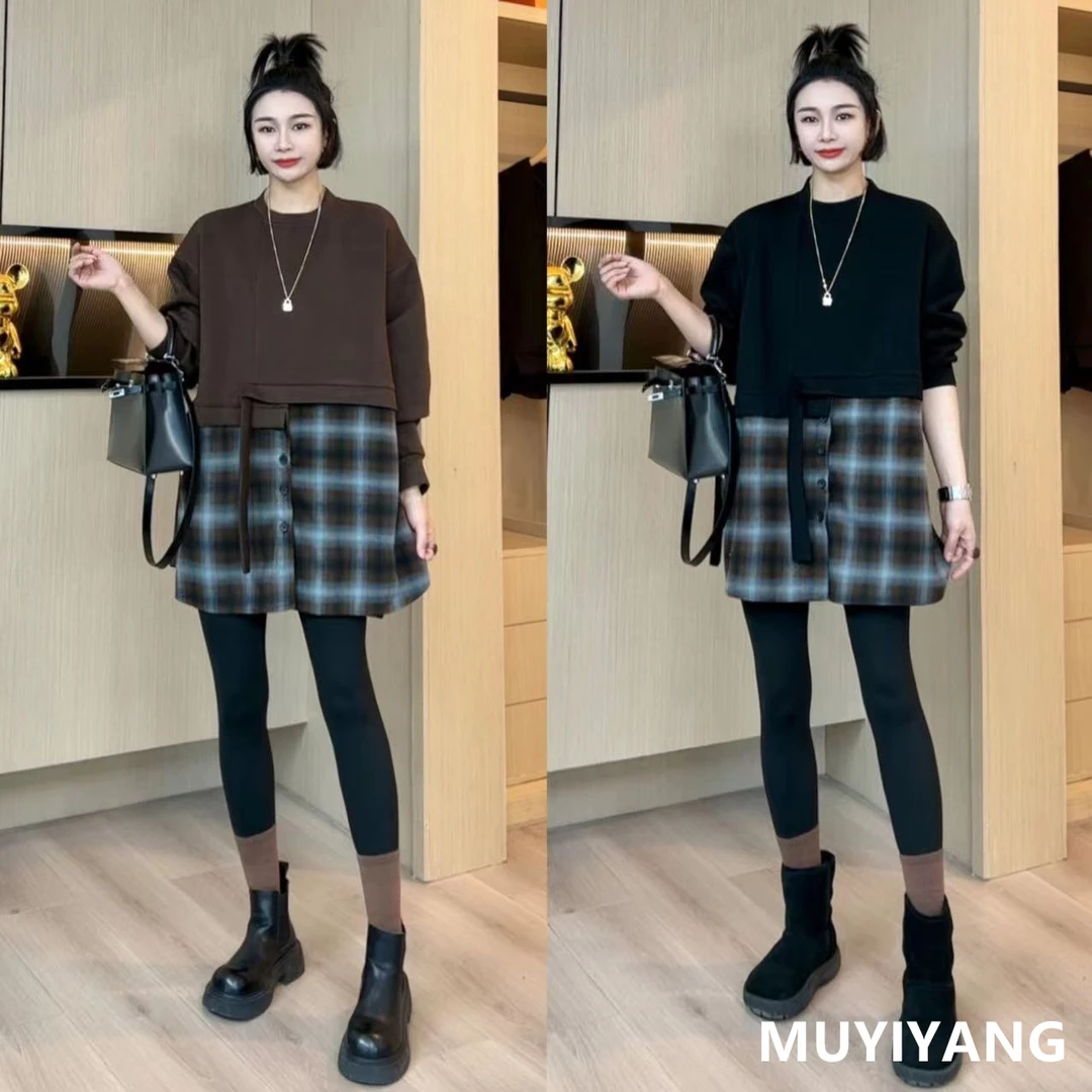 【木易杨】不规则拼接撞色格子宽松百搭卫衣 衣长76 23-850#