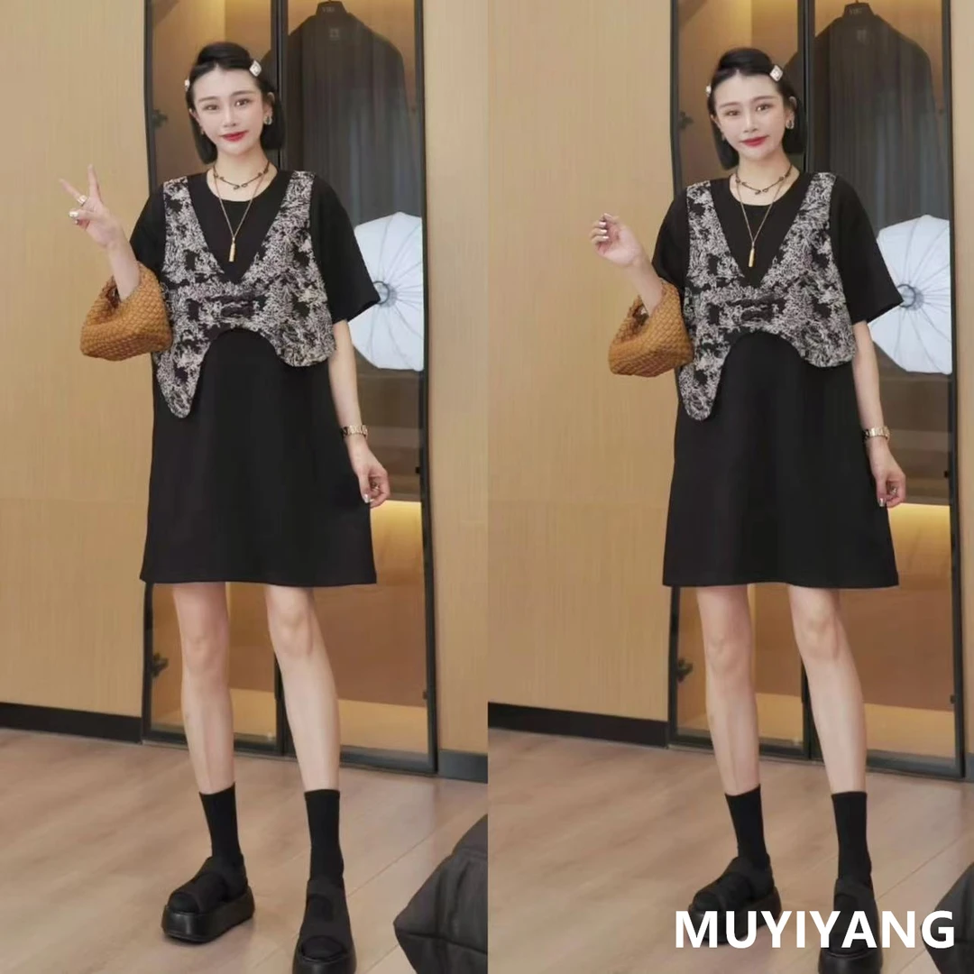 木易杨［画中画］水墨画盘扣马甲拼接假两件连衣裙 衣长86 24-298#