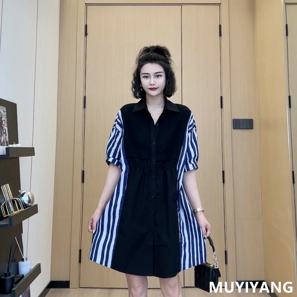 【木易杨】侧边拼接收腰显瘦衬衫裙 衣长87 23-256#