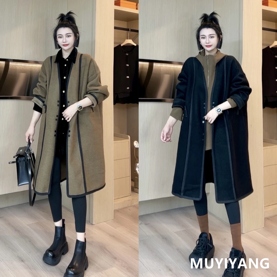 【木易杨】撞色包边高品气质中长款外套 衣长101 23-649#
