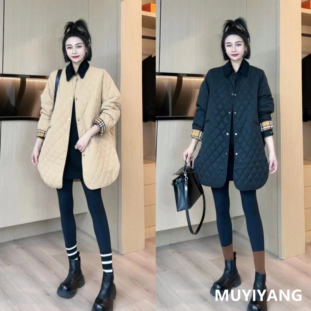 【木易杨】高品气质撞色拼接A版中长款棉衣外套 衣长81 23-783#