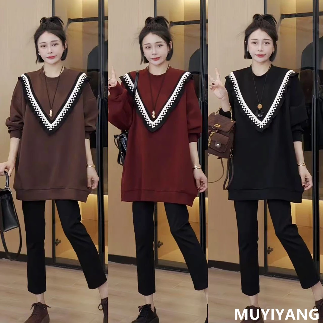 【夜慕】设计感圆领拼色V型荷叶边百搭高定卫衣 衣长76 24-574#