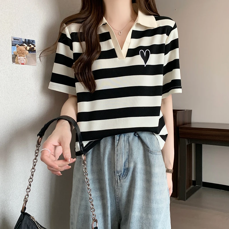 【囍丸丸Fairy】条纹短袖t恤女夏刺绣翻领上衣