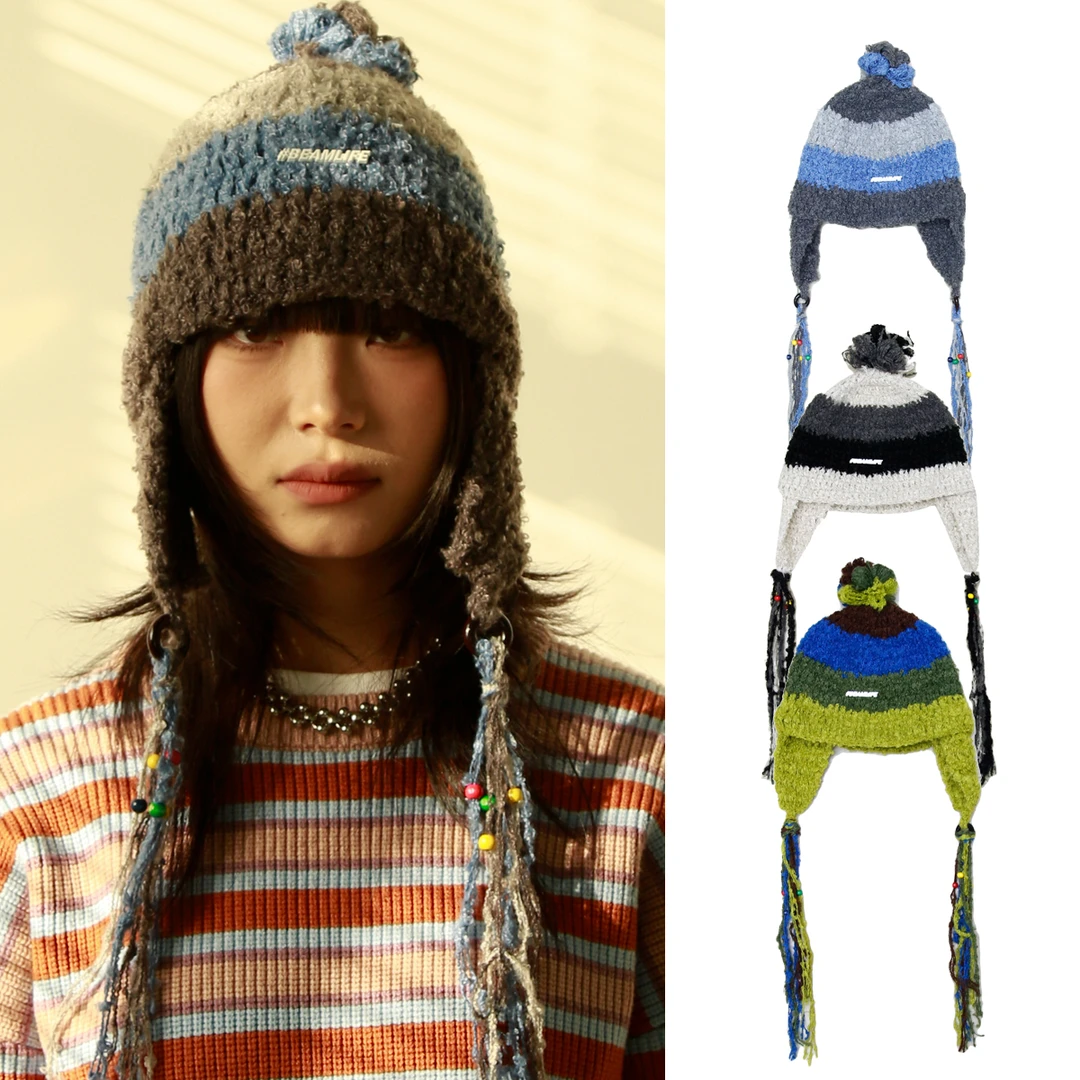 BEAMLIFE23A/W秋冬韩版条纹毛巾帽子男女保暖护耳包头毛线针织帽
