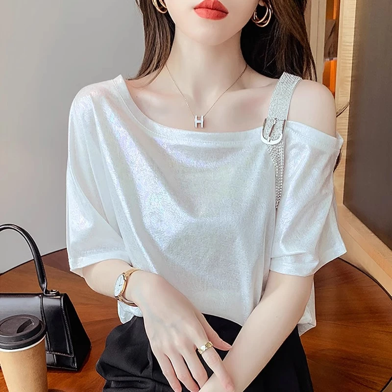 露肩白色T恤女短袖夏季2024新款女装一字肩高级设计感小众上衣女