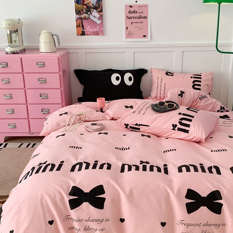 miu系蝴蝶结粉黑甜酷全棉四件套粉色可爱被套学生宿舍纯棉三件套