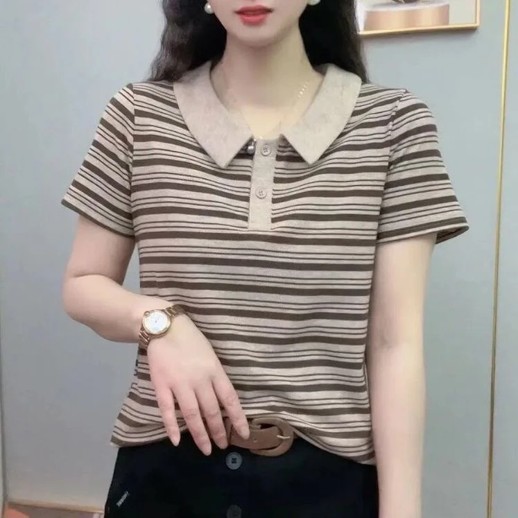 夏季遮肚显瘦短袖条纹t恤女娃娃领新款休闲小衫时尚洋气妈妈上衣