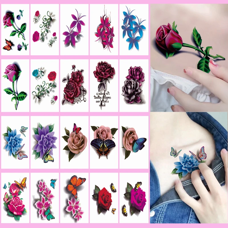 【40张套装】纹身贴纸女款3D感彩色玫瑰花朵蝴蝶遮疤贴纸20蝴蝶20花