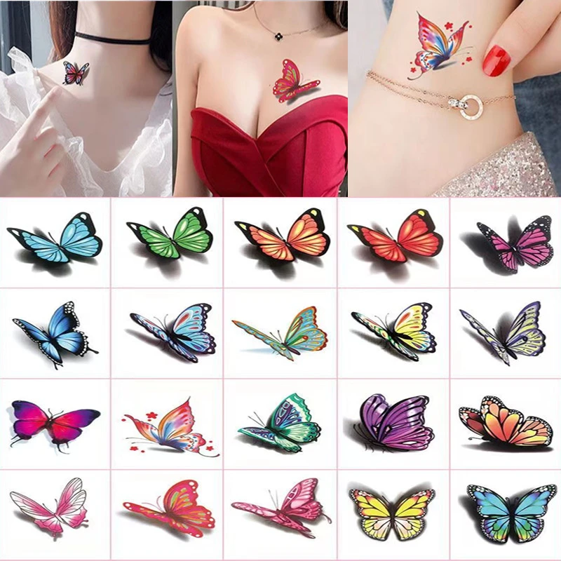 （20张3D蝴蝶）彩色纹身贴纸女防水持久清新3D立体感蝴蝶脚裸锁骨