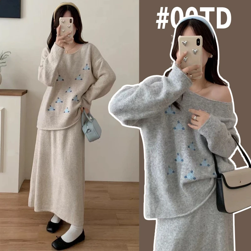 孕妇冬季新品刺绣两件套 上衣+半身裙针织套装有调节扣