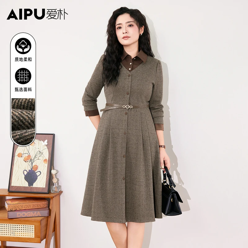 爱朴品牌大码女装冬季新款洋气时尚高端大气显瘦遮肉连衣裙16153