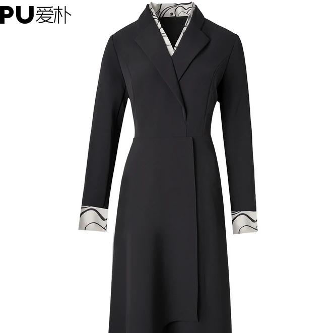 爱朴大码女装秋季新款时尚显瘦遮肉气质优雅双层领连衣裙21869