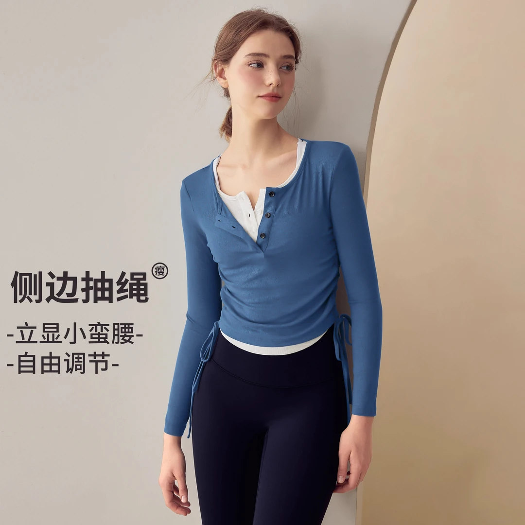 拍朵假两件抽绳瑜伽服女弹力健身上衣日常训练跑步运动长袖春秋款