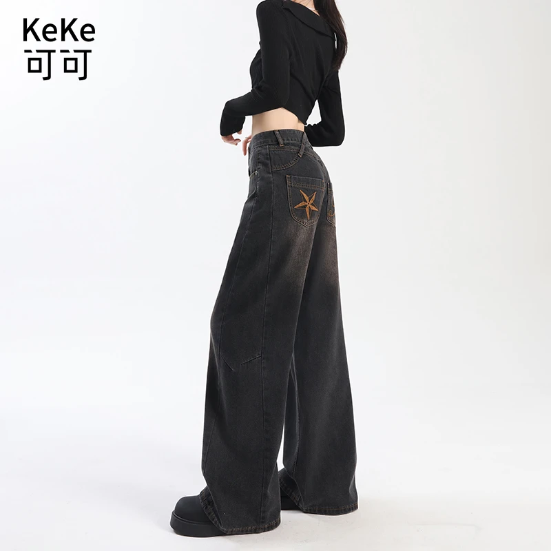 美式高街捶感阔腿刺绣黑色牛仔裤女宽松窄版梨形身材直筒高腰裤子