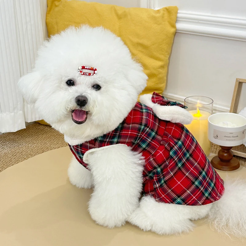 新款冬猫咪小型狗狗衣服泰迪比熊博美蝴蝶结牵引裙子棉衣冬季保暖