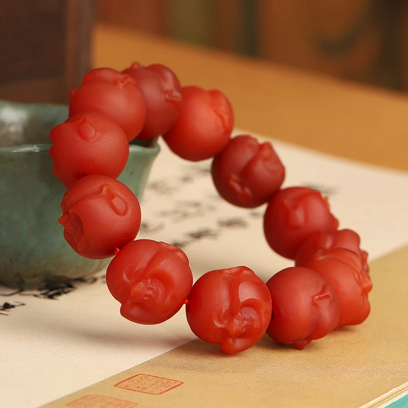 红玛瑙佛头手串男款单圈大气个性玉手链礼物直径约18mm多样性发货