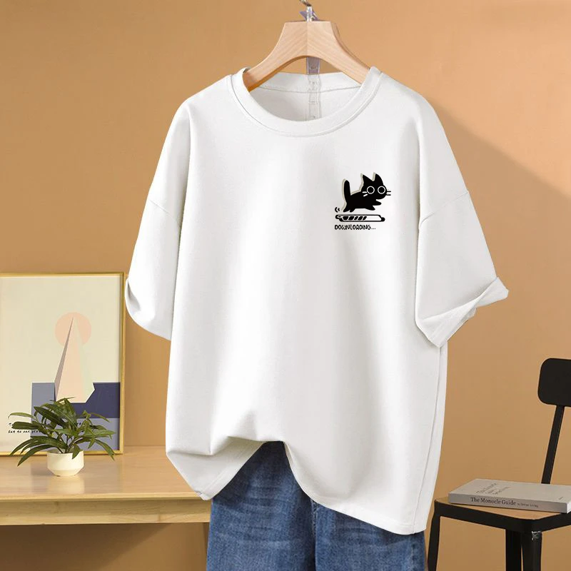 小个子简约猫咪印花纯棉T恤女夏季2023新款上衣显瘦圆领大码夏装