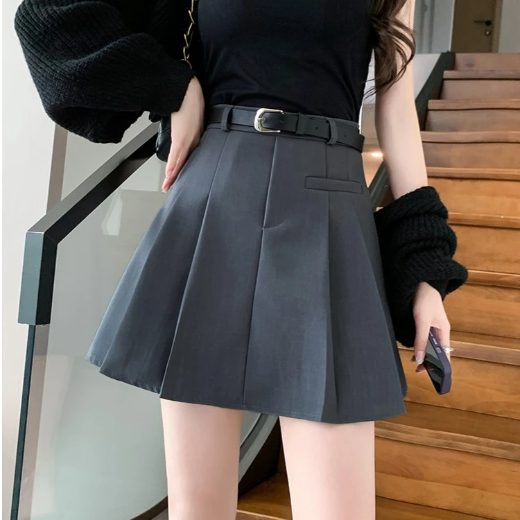 配腰带高腰a字裙显瘦短裙半身裙秋季女包臀裙子2025年新款百褶裙