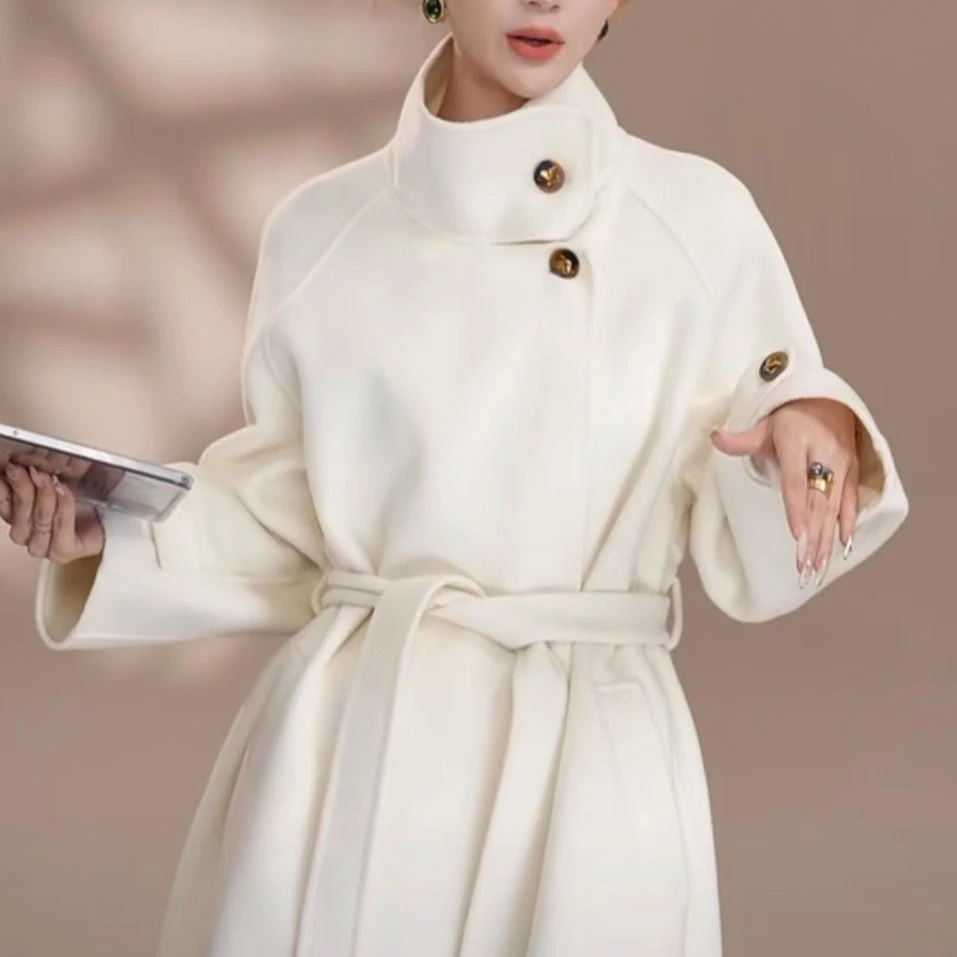 2024冬季秋冬新款多巴胺高级羊长款立领气质双面羊毛大衣毛呢外套