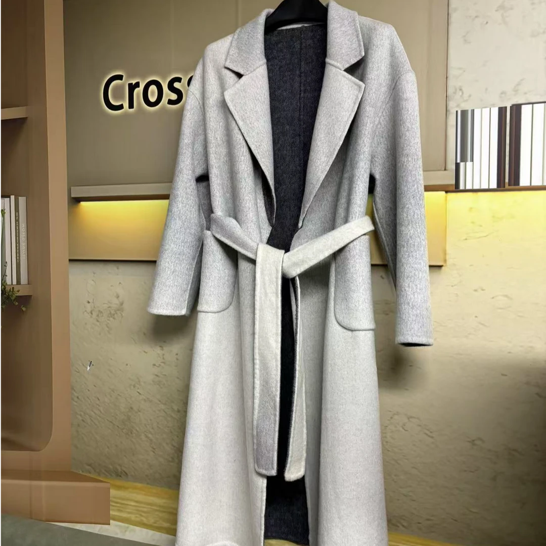 秋冬新款渐变色羊绒双面长款浴袍系带羊毛外套大衣宽松高级