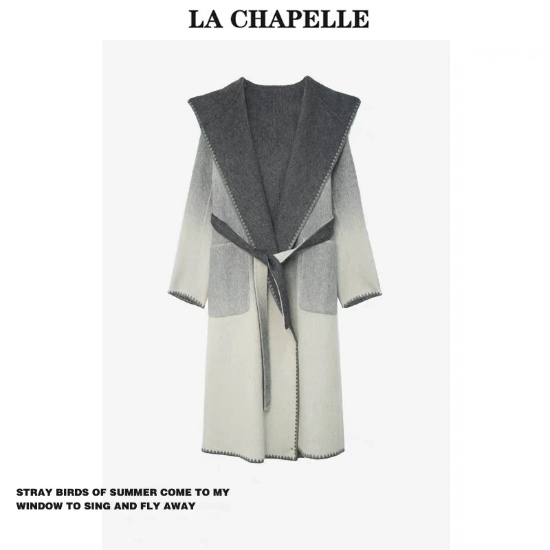 秋冬连帽新款渐变色羊绒双面长款浴袍系带羊毛外套大衣宽松高级