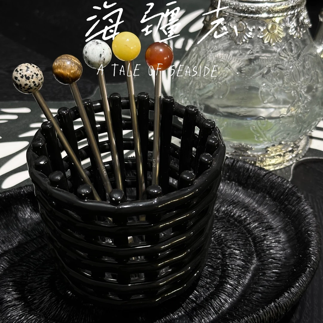 4支装玉石轻奢水果叉高级感304不锈钢家用长柄咖啡勺叉子套装