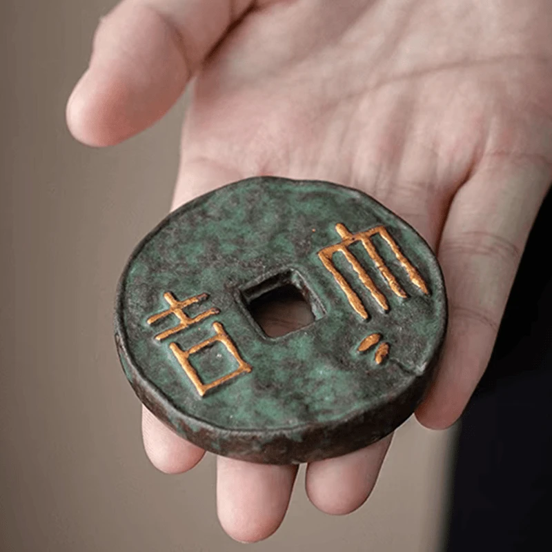 【云由-青铜绿大吉盖置】老岩泥青铜绿描金盖置粗陶中式茶道配件