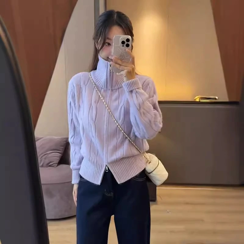 韩系高领拉链开衫毛衣外套女秋冬季慵懒风短款内搭打底针织衫上衣