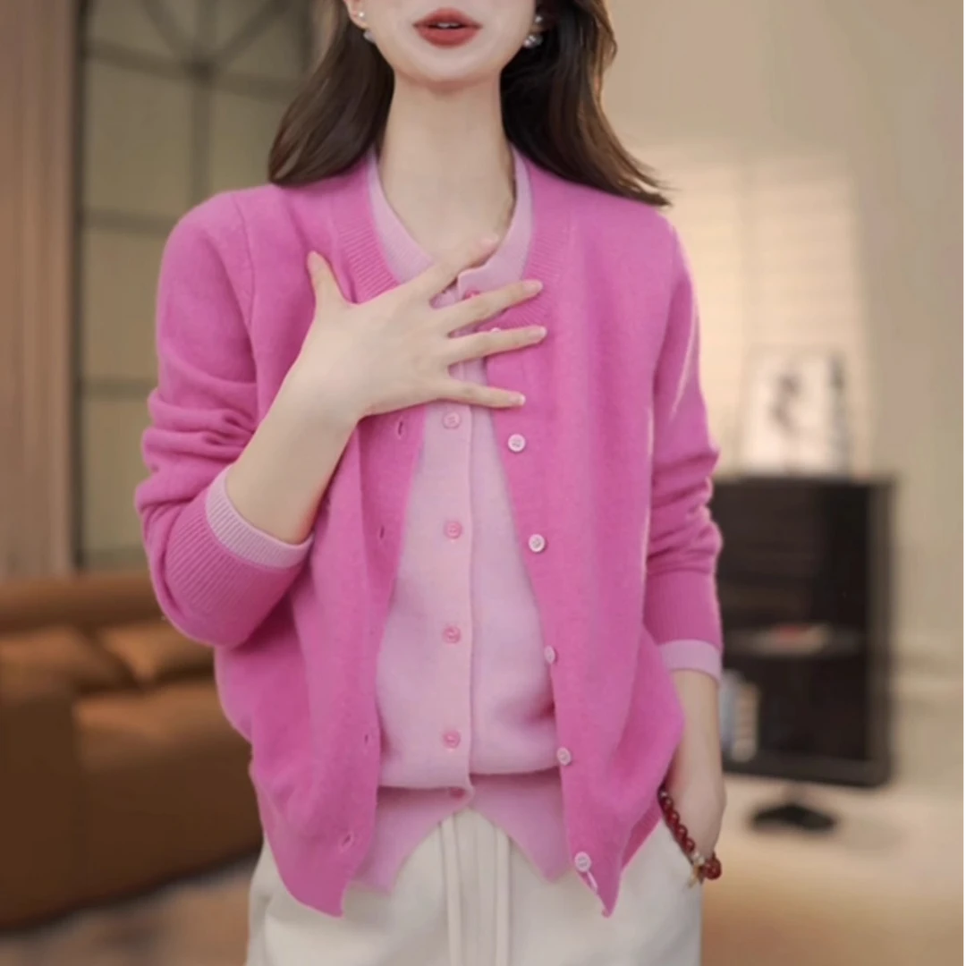 假两件时尚撞色设计感圆领针织毛衣女减龄别致简约显瘦开衫上衣潮