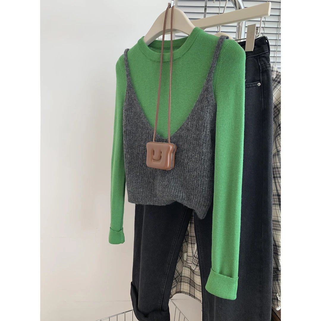 灰色小吊带女秋冬内搭打底叠穿针织小背心法式别致外穿上衣两件套