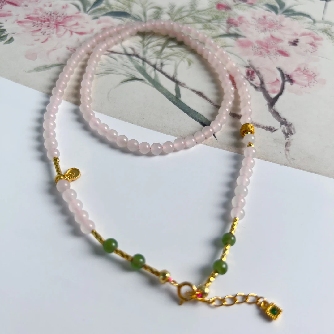 4mm正宗新疆和田玉青海野牛沟藕粉小米珠链百搭三圈叠戴ZF0005