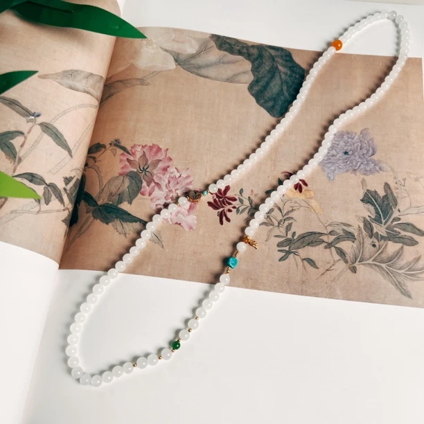 70cm6mm正宗新疆和田玉羊脂白玉珠链项链天然玉石108长链ZB0012