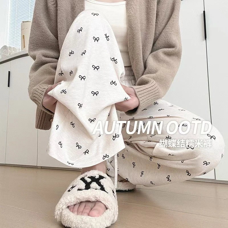 蝴蝶结印花阔腿裤女秋冬新款高腰宽松休闲直筒阔腿慵懒山本裤